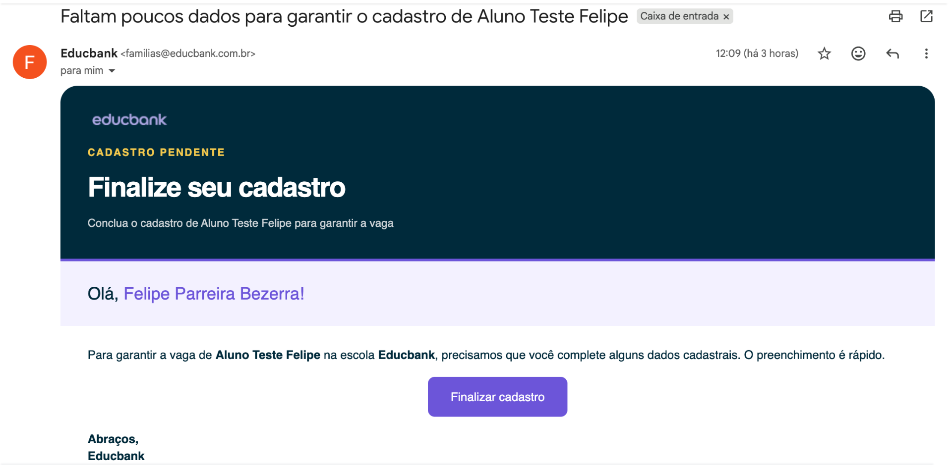 E-mail recebido pelo responsável pedindo para finalizar o cadastro do aluno