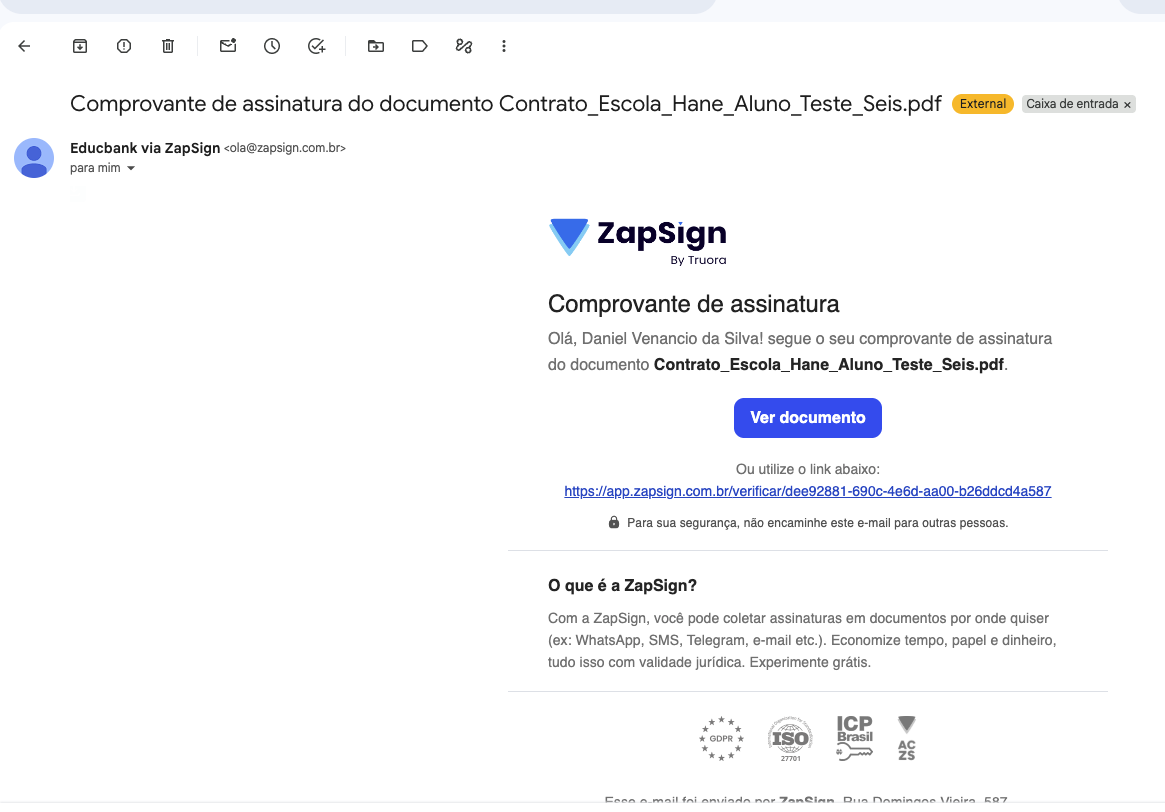 E-mail com o comprovante de assinatura do contrato enviado pela ZapSign