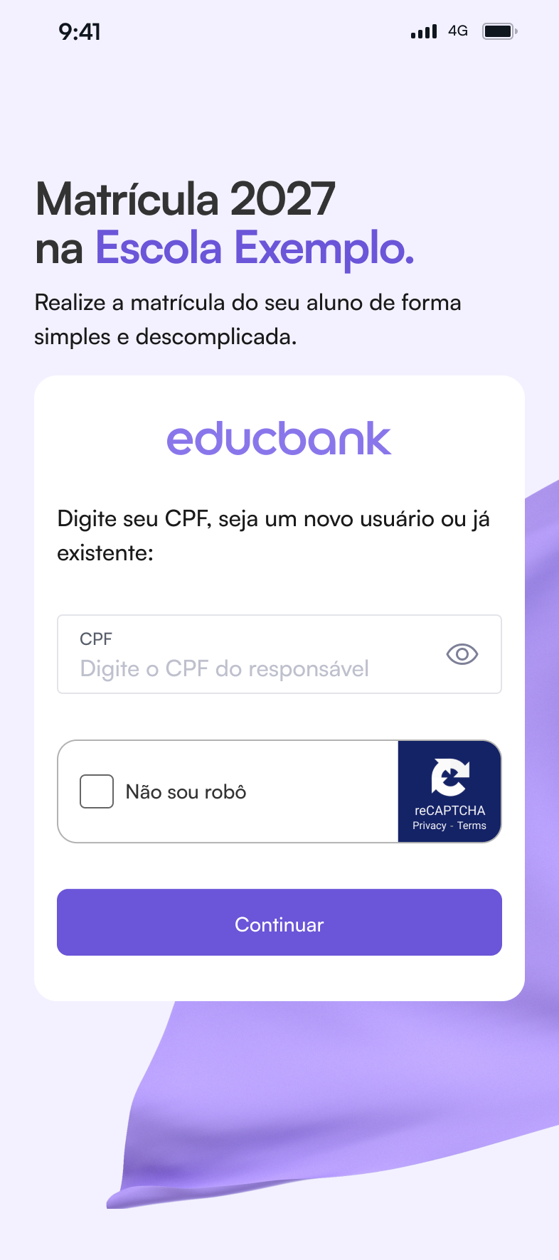 Tela de login da família com CPF