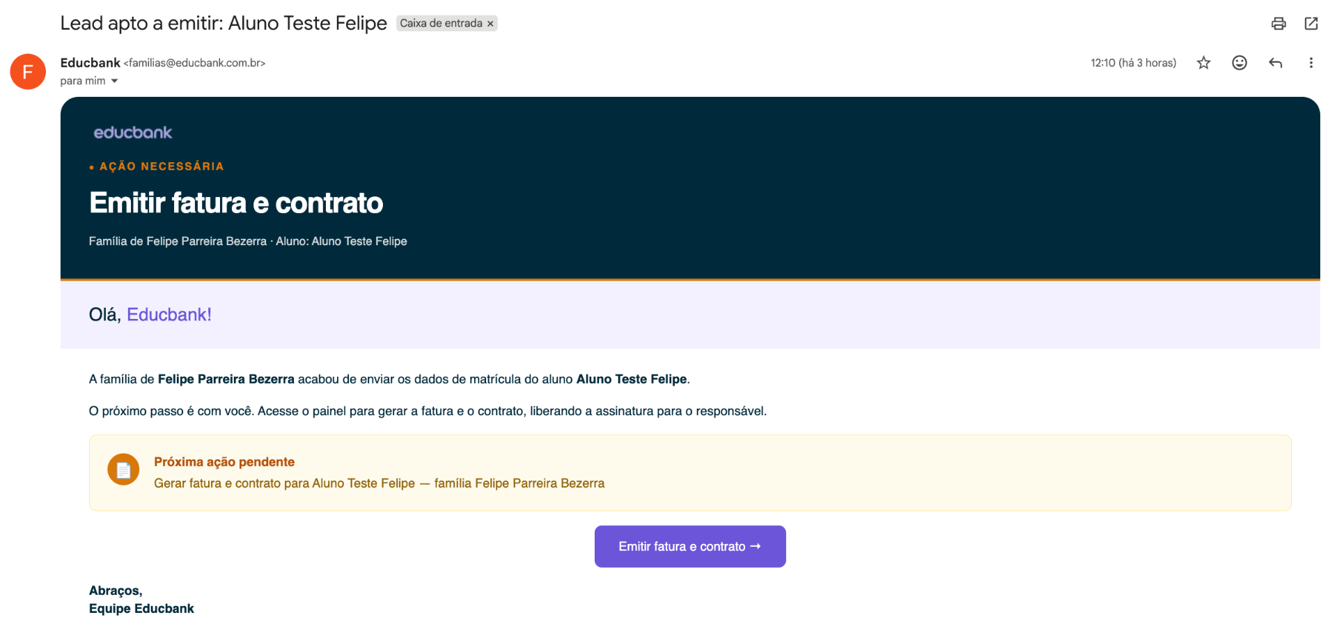 E-mail recebido pela escola avisando que a família completou os dados e está apta a emitir fatura e contrato