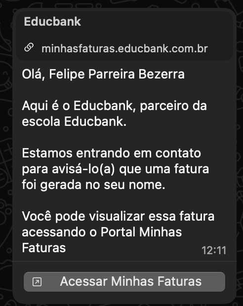 Mensagem do WhatsApp recebida pelo responsável avisando que a fatura de matrícula foi gerada